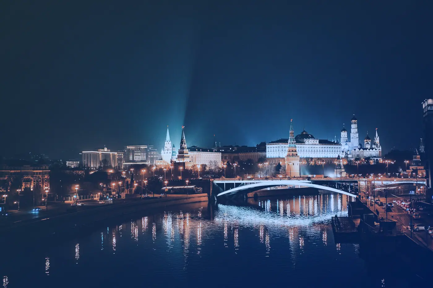 A city skyline at night